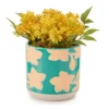 Yellow Artificial Yarrow With Blue Floral Ceramic Pot