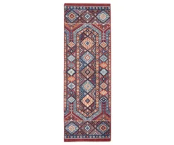 Red & Blue Geometric Persian Runner Rug, (2' X 6')