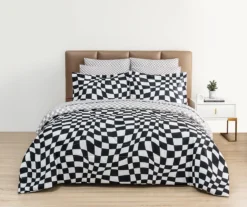 Euphoric Expression Black Wavy Checkerboard Reversible Queen 9-Piece Bed-in-a-Bag Set